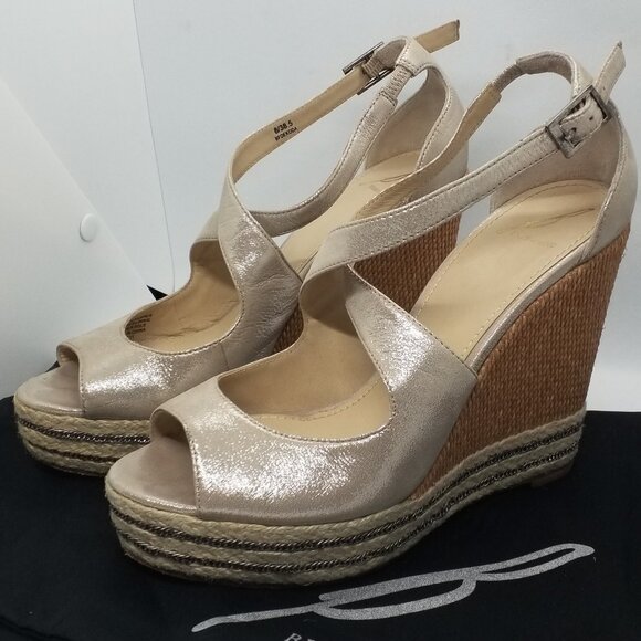 Brian Atwood size 8 Metallic Leather Platform Wedge Sandals with Rattan and Jute - Picture 3 of 9